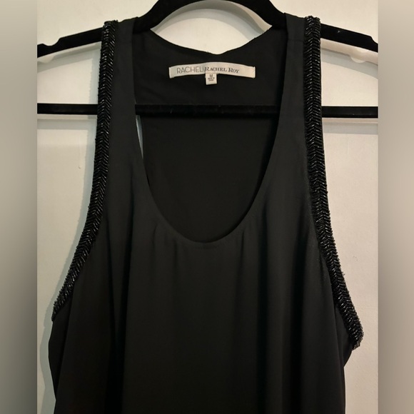 Rachel Roy Womens Medium Black Racerback Tank Knee Length Dress Bugle Beads - Picture 2 of 9